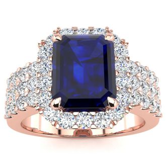 3 3/4 Carat Sapphire and Halo Diamond Ring In 14 Karat Rose Gold
