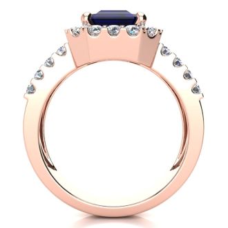 3 3/4 Carat Sapphire and Halo Diamond Ring In 14 Karat Rose Gold
