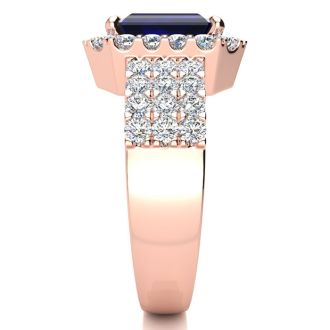3 3/4 Carat Sapphire and Halo Diamond Ring In 14 Karat Rose Gold