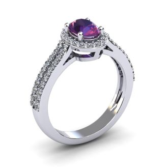 1 Carat Oval Shape Amethyst and Halo Diamond Ring In 14 Karat White Gold