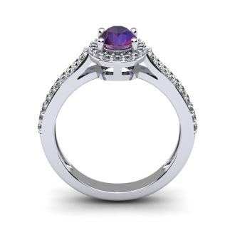 1 Carat Oval Shape Amethyst and Halo Diamond Ring In 14 Karat White Gold
