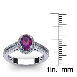 1 Carat Oval Shape Amethyst and Halo Diamond Ring In 14 Karat White Gold