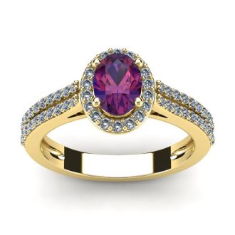 1 Carat Oval Shape Amethyst and Halo Diamond Ring In 14 Karat Yellow Gold