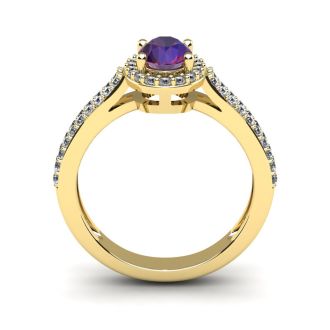 1 Carat Oval Shape Amethyst and Halo Diamond Ring In 14 Karat Yellow Gold