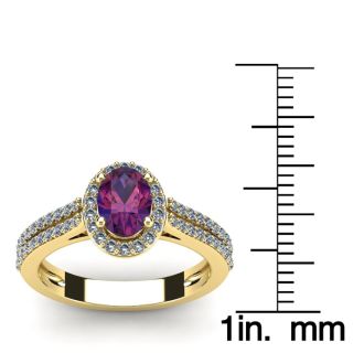 1 Carat Oval Shape Amethyst and Halo Diamond Ring In 14 Karat Yellow Gold