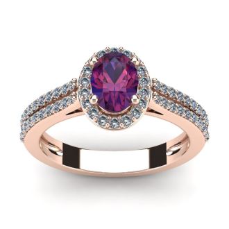 1 Carat Oval Shape Amethyst and Halo Diamond Ring In 14 Karat Rose Gold