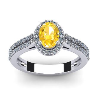 1 Carat Oval Shape Citrine and Halo Diamond Ring In 14 Karat White Gold