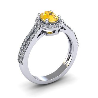 1 Carat Oval Shape Citrine and Halo Diamond Ring In 14 Karat White Gold