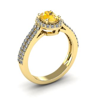 1 Carat Oval Shape Citrine and Halo Diamond Ring In 14 Karat Yellow Gold