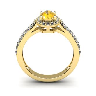 1 Carat Oval Shape Citrine and Halo Diamond Ring In 14 Karat Yellow Gold