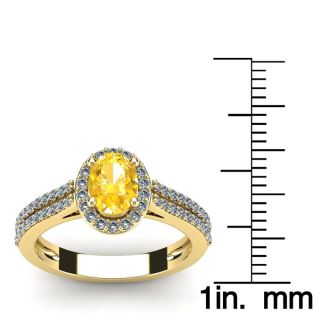 1 Carat Oval Shape Citrine and Halo Diamond Ring In 14 Karat Yellow Gold
