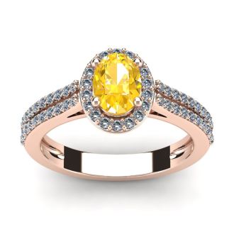 1 Carat Oval Shape Citrine and Halo Diamond Ring In 14 Karat Rose Gold
