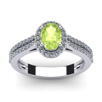 1 1/3 Carat Oval Shape Peridot and Halo Diamond Ring In 14 Karat White Gold