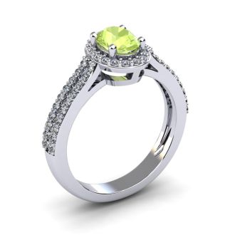 1 1/3 Carat Oval Shape Peridot and Halo Diamond Ring In 14 Karat White Gold