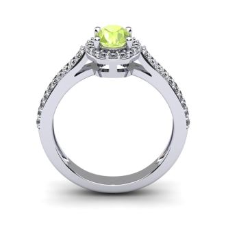 1 1/3 Carat Oval Shape Peridot and Halo Diamond Ring In 14 Karat White Gold