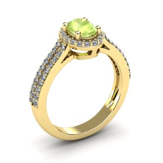 1 1/3 Carat Oval Shape Peridot and Halo Diamond Ring In 14 Karat Yellow Gold