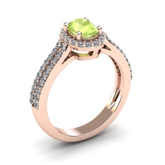 1 1/3 Carat Oval Shape Peridot and Halo Diamond Ring In 14 Karat Rose Gold