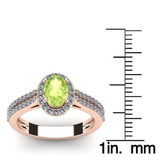 1 1/3 Carat Oval Shape Peridot and Halo Diamond Ring In 14 Karat Rose Gold
