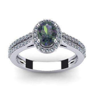 1-1/2 Carat Oval Shape Mystic Topaz Ring With Diamond Halo In 14 Karat White Gold
