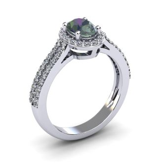 1-1/2 Carat Oval Shape Mystic Topaz Ring With Diamond Halo In 14 Karat White Gold