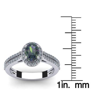1-1/2 Carat Oval Shape Mystic Topaz Ring With Diamond Halo In 14 Karat White Gold