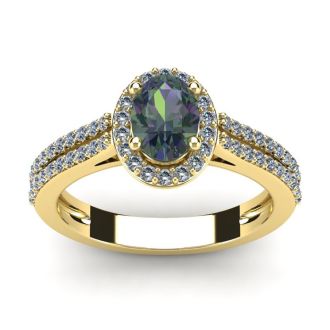 1-1/2 Carat Oval Shape Mystic Topaz Ring With Diamond Halo In 14 Karat Yellow Gold