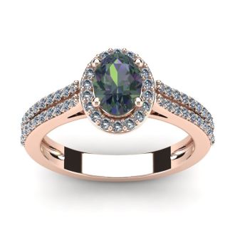 1-1/2 Carat Oval Shape Mystic Topaz Ring With Diamond Halo In 14 Karat Rose Gold
