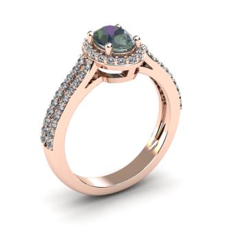1-1/2 Carat Oval Shape Mystic Topaz Ring With Diamond Halo In 14 Karat Rose Gold