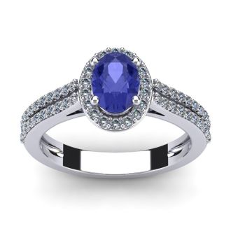 1 1/3 Carat Oval Shape Tanzanite and Halo Diamond Ring In 14 Karat White Gold