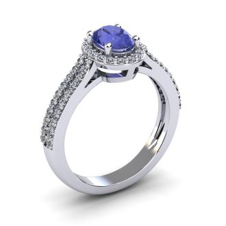 1 1/3 Carat Oval Shape Tanzanite and Halo Diamond Ring In 14 Karat White Gold