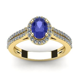 1 1/3 Carat Oval Shape Tanzanite and Halo Diamond Ring In 14 Karat Yellow Gold