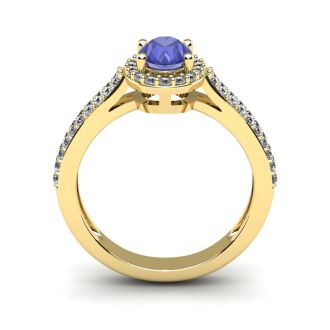 1 1/3 Carat Oval Shape Tanzanite and Halo Diamond Ring In 14 Karat Yellow Gold