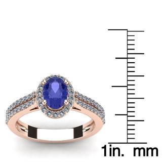 1 1/3 Carat Oval Shape Tanzanite and Halo Diamond Ring In 14 Karat Rose Gold