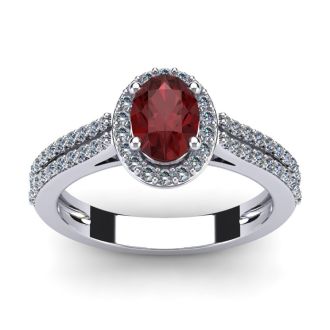 Garnet Ring: Garnet Jewelry: 1 1/2 Carat Oval Shape Garnet and Halo Diamond Ring In 14 Karat White Gold