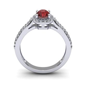 Garnet Ring: Garnet Jewelry: 1 1/2 Carat Oval Shape Garnet and Halo Diamond Ring In 14 Karat White Gold