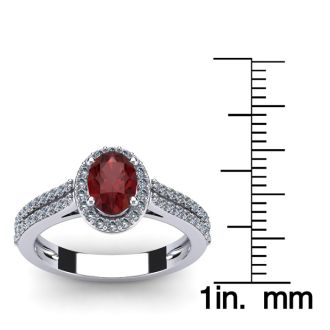 Garnet Ring: Garnet Jewelry: 1 1/2 Carat Oval Shape Garnet and Halo Diamond Ring In 14 Karat White Gold