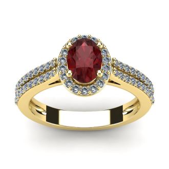 Garnet Ring: Garnet Jewelry: 1 1/2 Carat Oval Shape Garnet and Halo Diamond Ring In 14 Karat Yellow Gold