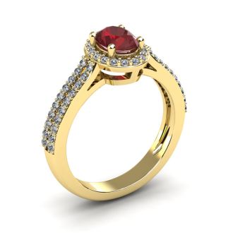 Garnet Ring: Garnet Jewelry: 1 1/2 Carat Oval Shape Garnet and Halo Diamond Ring In 14 Karat Yellow Gold