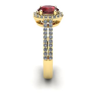Garnet Ring: Garnet Jewelry: 1 1/2 Carat Oval Shape Garnet and Halo Diamond Ring In 14 Karat Yellow Gold