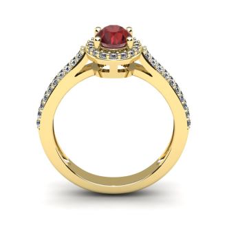 Garnet Ring: Garnet Jewelry: 1 1/2 Carat Oval Shape Garnet and Halo Diamond Ring In 14 Karat Yellow Gold