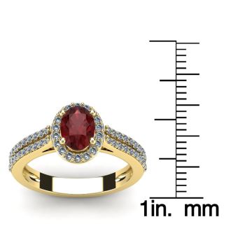Garnet Ring: Garnet Jewelry: 1 1/2 Carat Oval Shape Garnet and Halo Diamond Ring In 14 Karat Yellow Gold