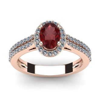 Garnet Ring: Garnet Jewelry: 1 1/2 Carat Oval Shape Garnet and Halo Diamond Ring In 14 Karat Rose Gold