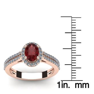 Garnet Ring: Garnet Jewelry: 1 1/2 Carat Oval Shape Garnet and Halo Diamond Ring In 14 Karat Rose Gold