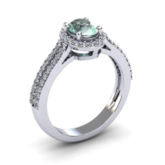 1 Carat Oval Shape Green Amethyst and Halo Diamond Ring In 14 Karat White Gold