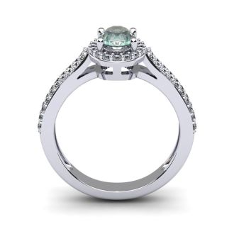 1 Carat Oval Shape Green Amethyst and Halo Diamond Ring In 14 Karat White Gold