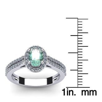 1 Carat Oval Shape Green Amethyst and Halo Diamond Ring In 14 Karat White Gold