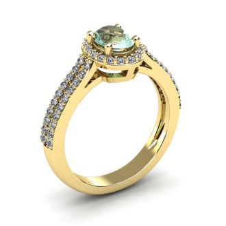 1 Carat Oval Shape Green Amethyst and Halo Diamond Ring In 14 Karat Yellow Gold