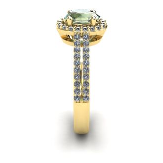 1 Carat Oval Shape Green Amethyst and Halo Diamond Ring In 14 Karat Yellow Gold