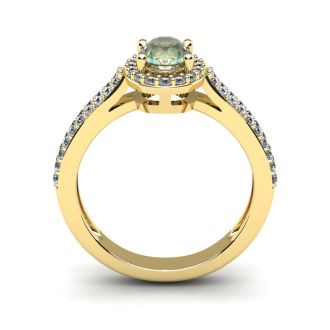 1 Carat Oval Shape Green Amethyst and Halo Diamond Ring In 14 Karat Yellow Gold