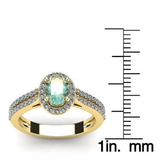 1 Carat Oval Shape Green Amethyst and Halo Diamond Ring In 14 Karat Yellow Gold